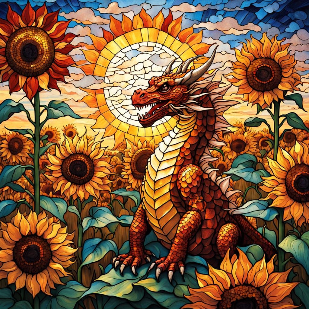Cheerful Chibi Dragon in Vibrant Stained Glass Van Gogh Styl...