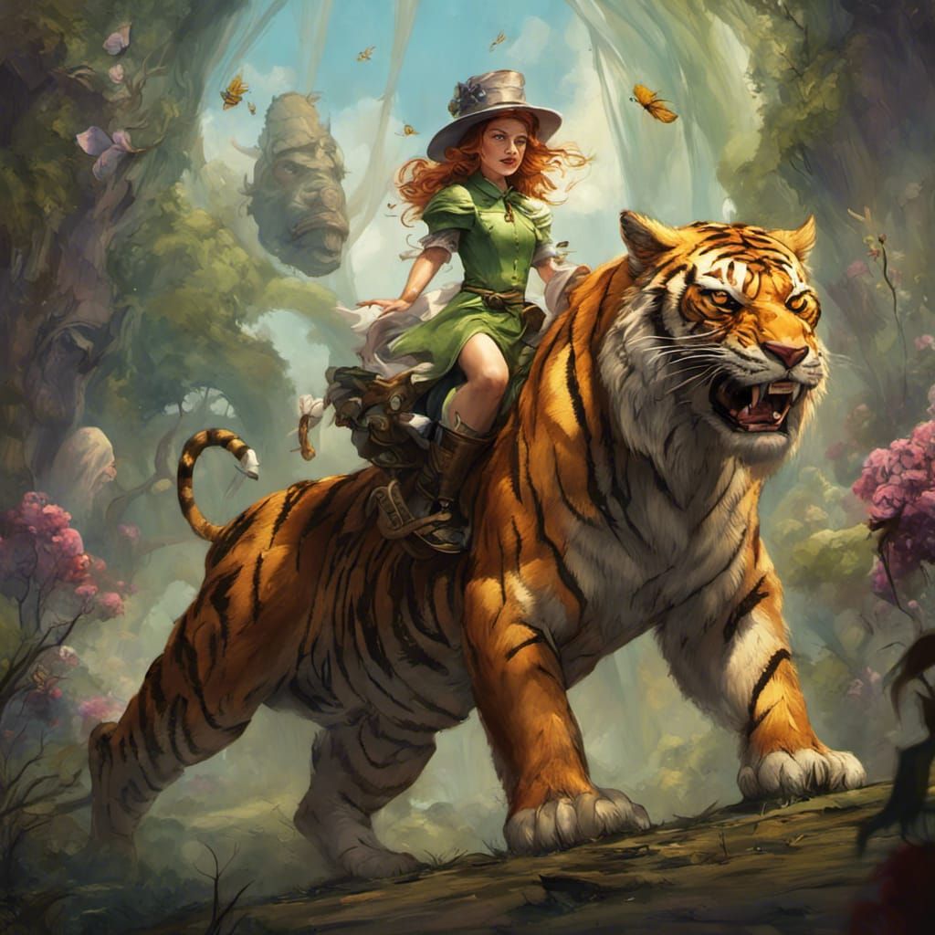 Ozma of Oz on Tiger, Dark Fantasy Art
