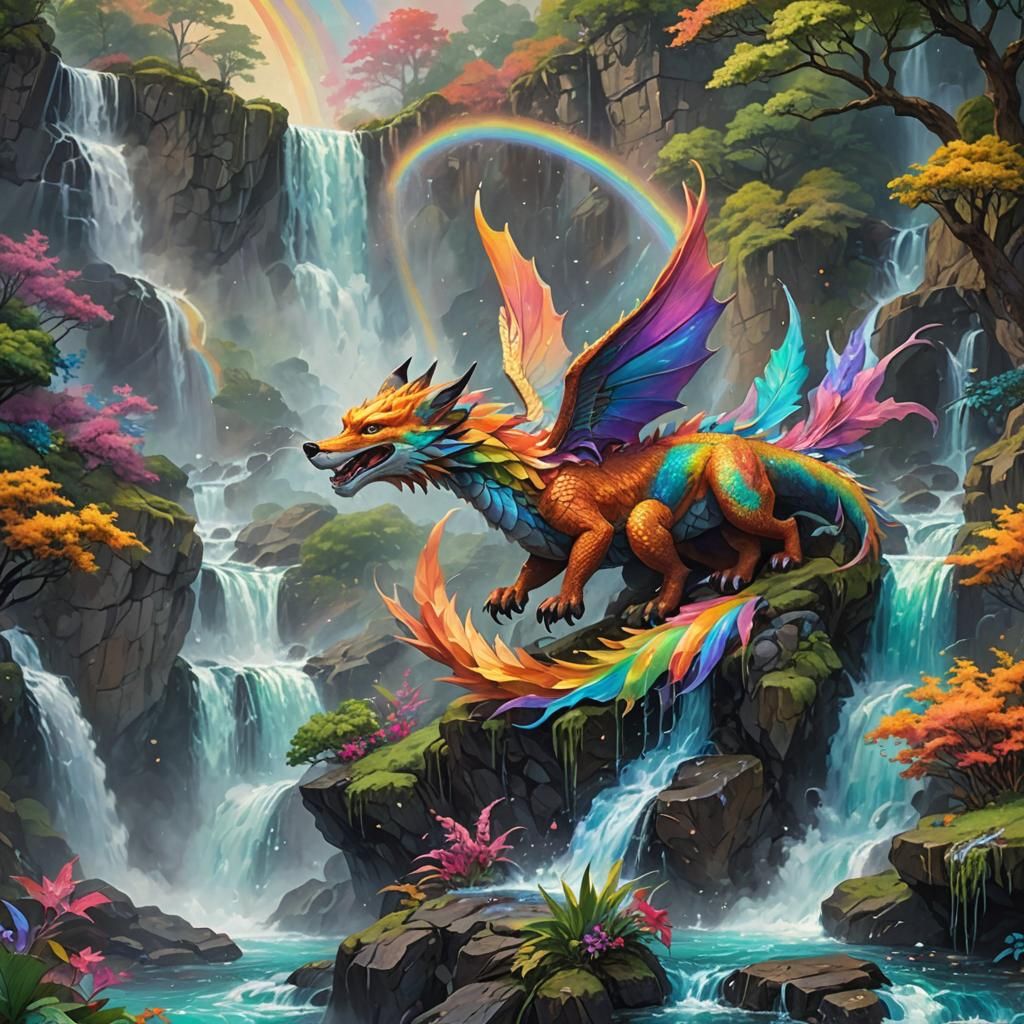 Dragon Fox Spreading Wings over Waterfall