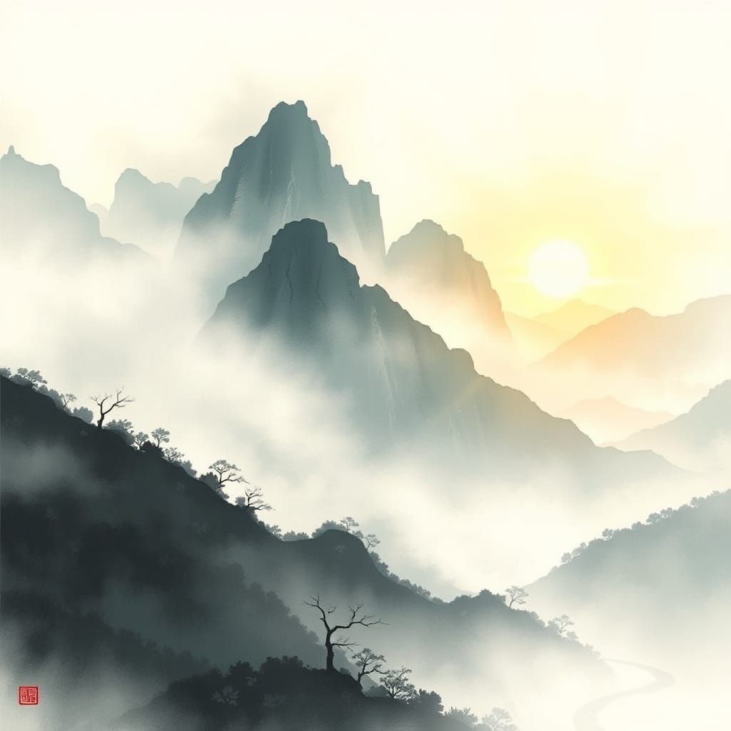 Mist-Shrouded Mountains at Sunrise in Watercolor Style