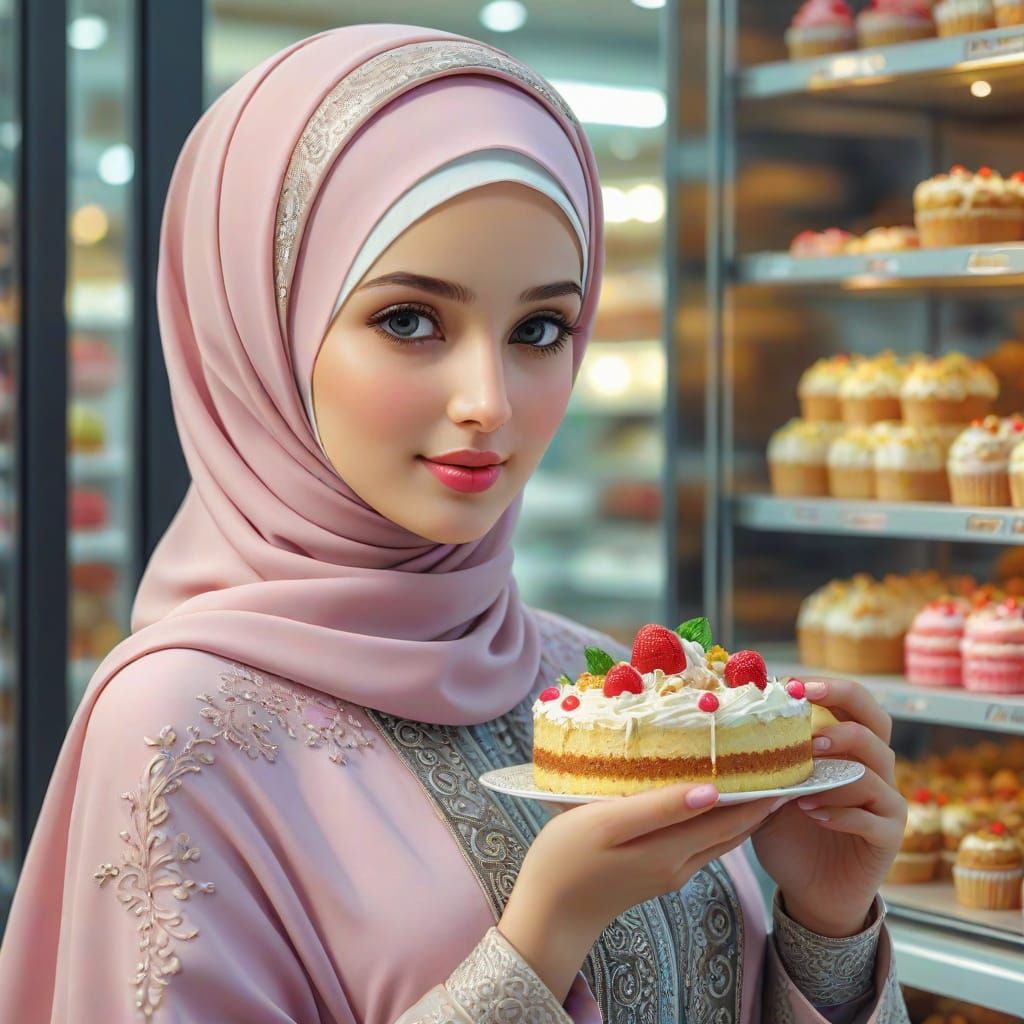 A beautiful hijabi woman in cake shop.