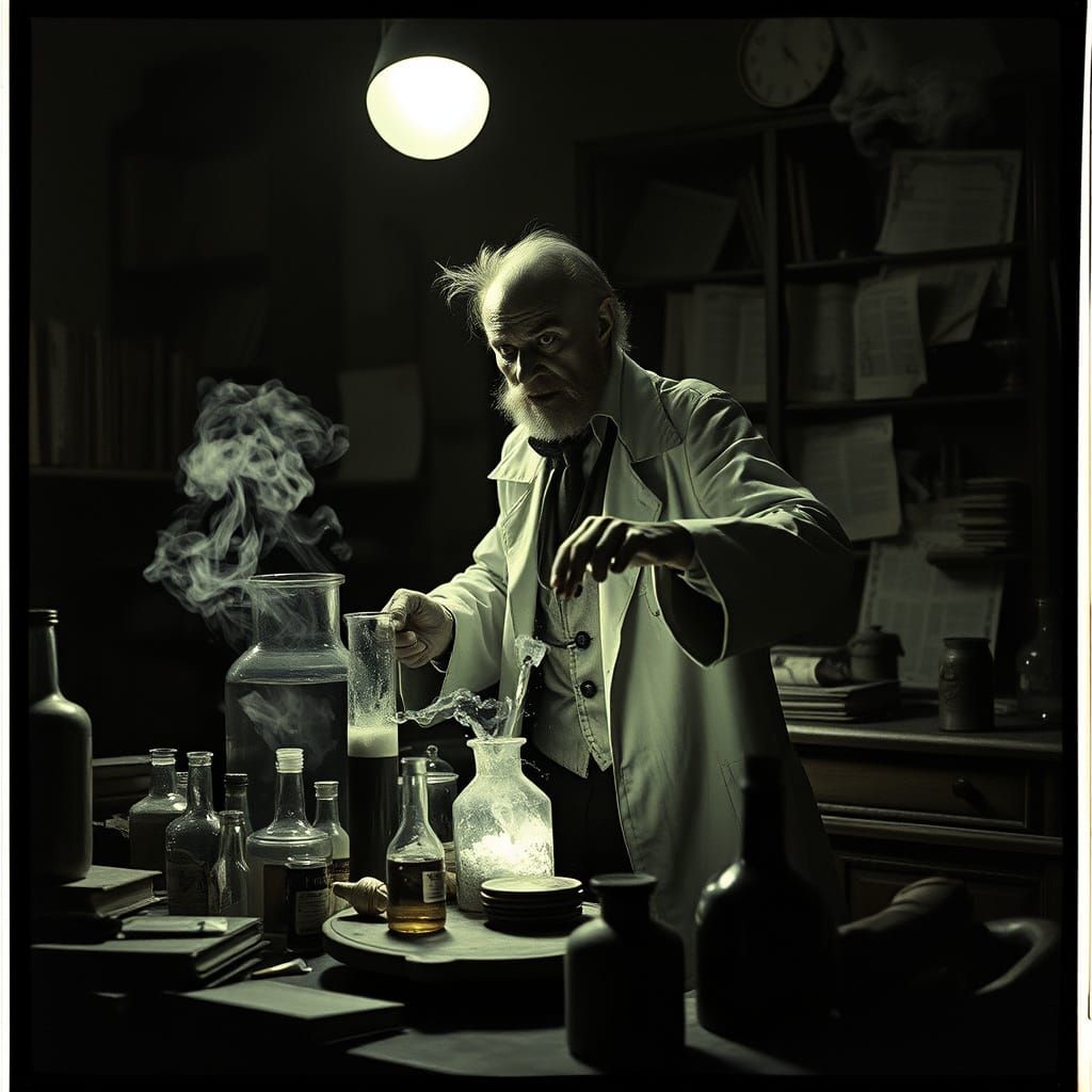 Mad Scientist in a Smoky Laboratory Scene