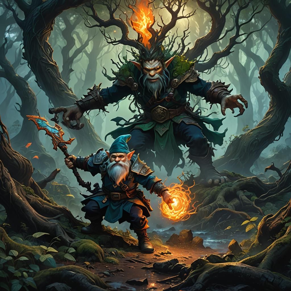 Gnome Fighter vs. Dwalvine Mage in Dark Forest