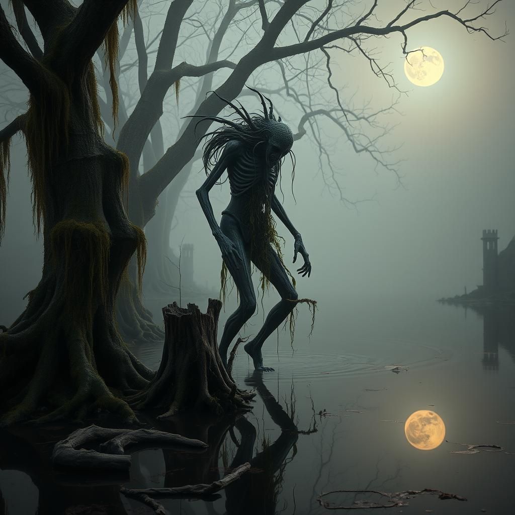 Dark fantasy, film noir. A humanoid creature emerges from th...