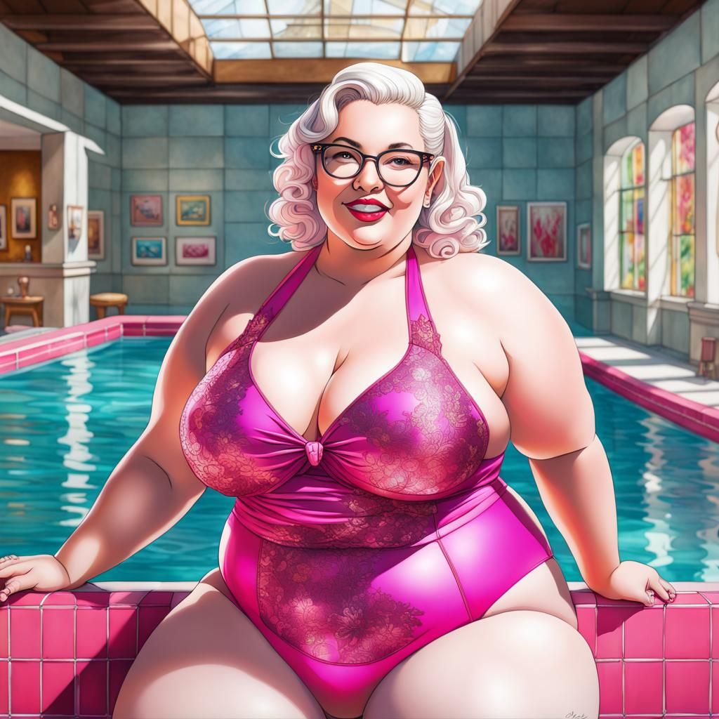Curvy Model in Pink Swimsuit by Indoor Pool