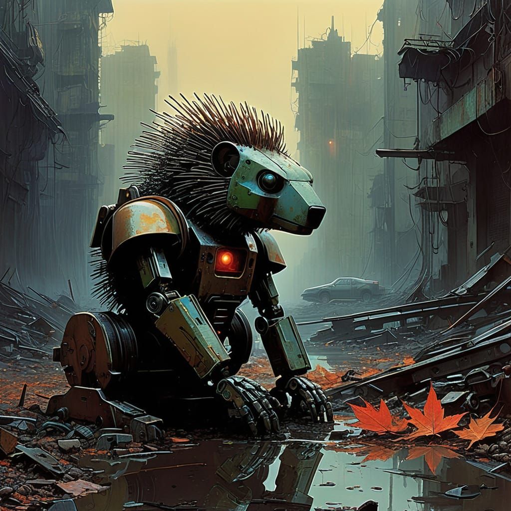 Cyberpunk Dystopia with Robot and Porcupine