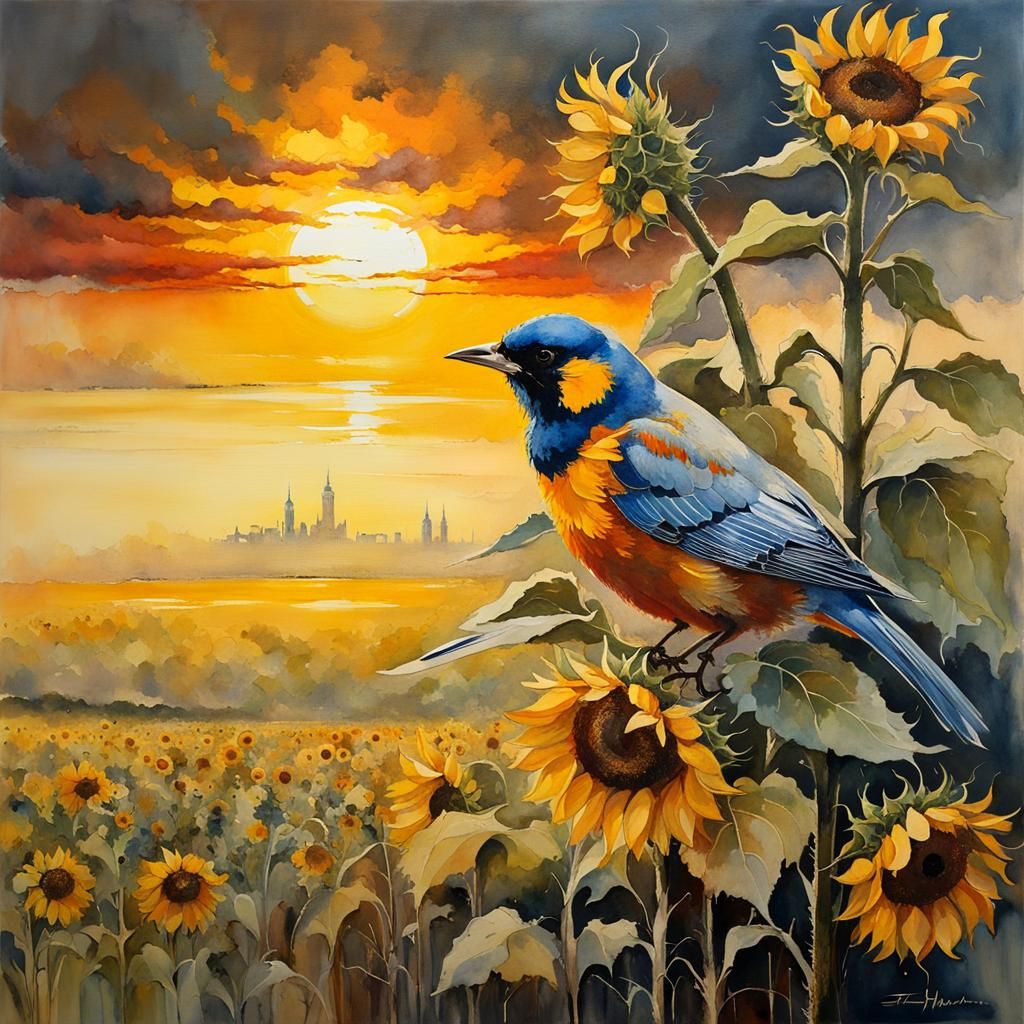 Sunflower and Bird at Sunset: Watercolor Painting