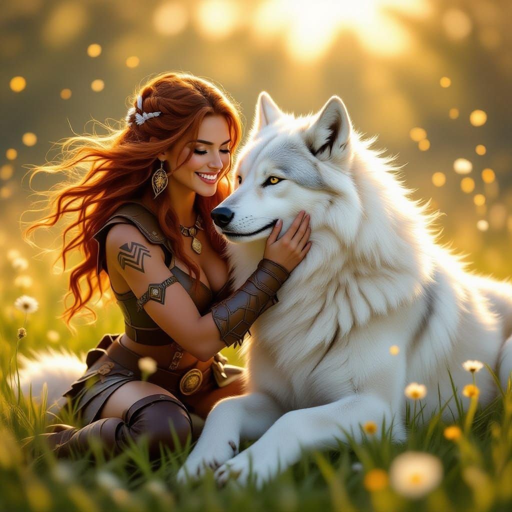 Fantasy Beast Master Plays with Majestic White Wolf in Vibra...