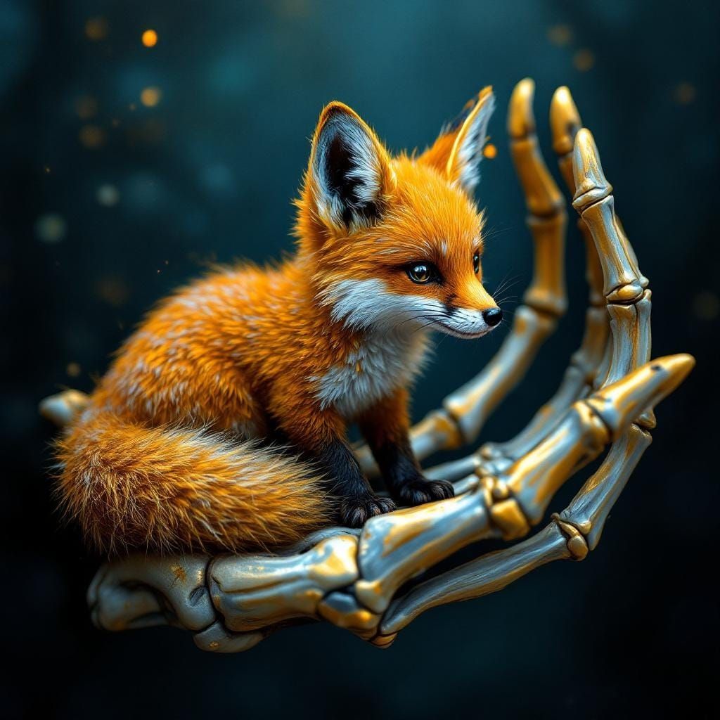 Golden Fox in Skeleton Hand: Dreamlike Matte Painting