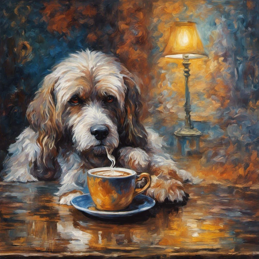 Dog Drinking Coffee: Impressionistic Art, Detailed Painting