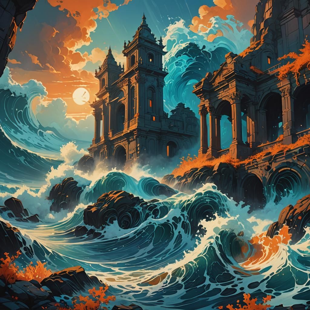 Mystical Stone Structure Amidst Cerulean Waves