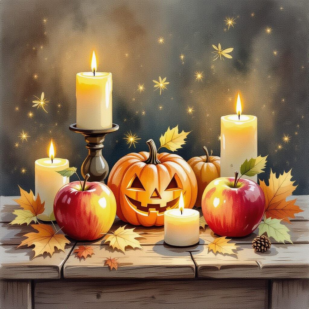 Cozy Halloween Apples with Candles and Fireflies