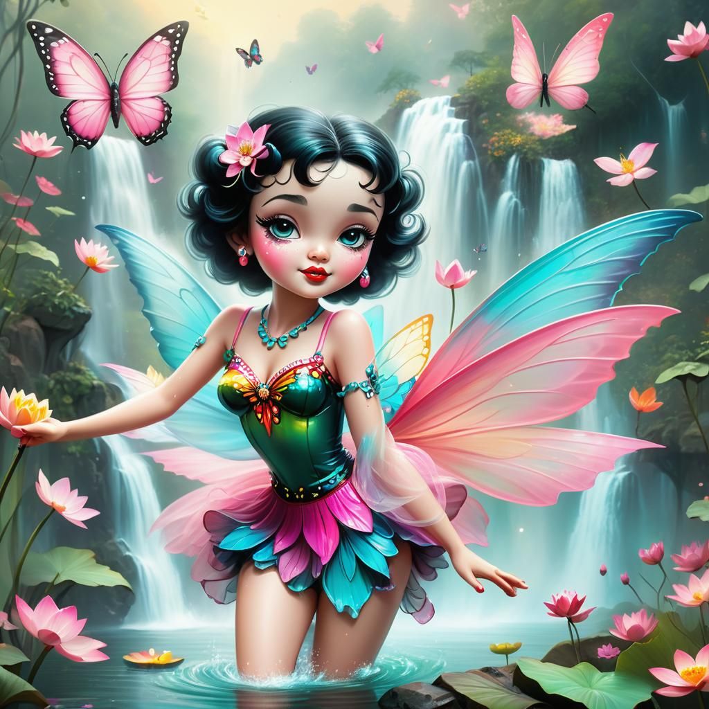 Betty Boop in a Whimsical Butterfly Garden