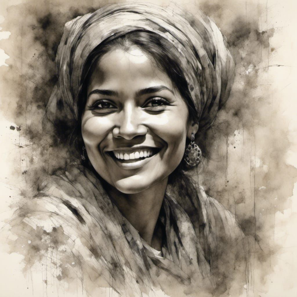 Palestinian Woman Portrait in Brushed Charcoal Style