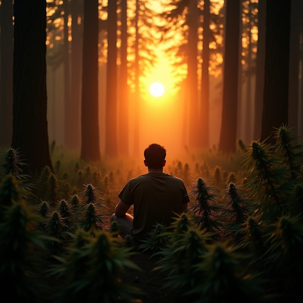 Man in Forest at Sunset with Cannabis Plants