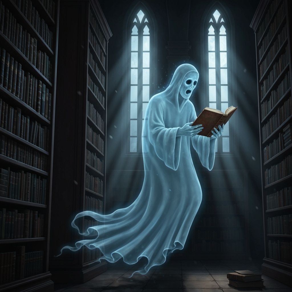 Ethereal Ghost Reads Ancient Book in Dim Library