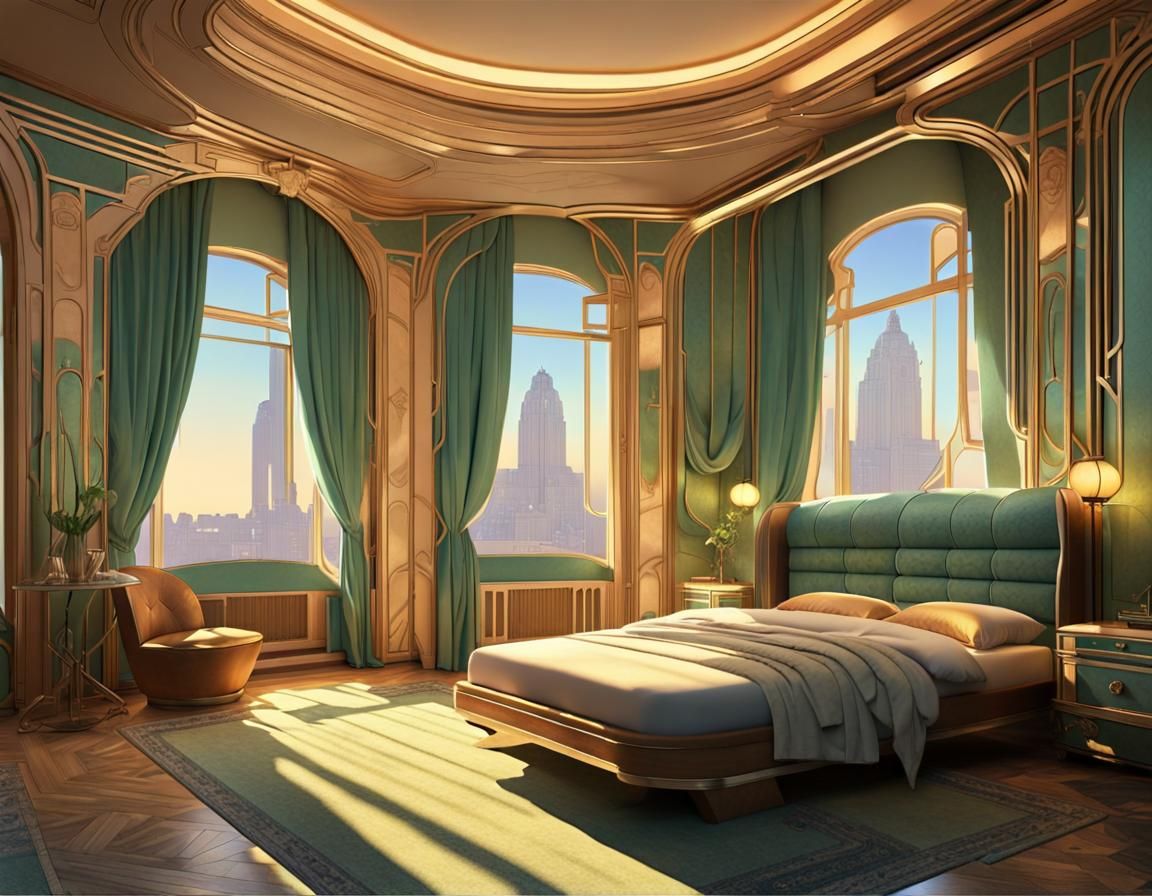 Intricate Art Deco Bedroom Digital Illustration