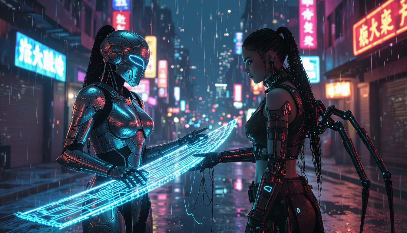 Athena and Arachne in Cyberpunk Night City