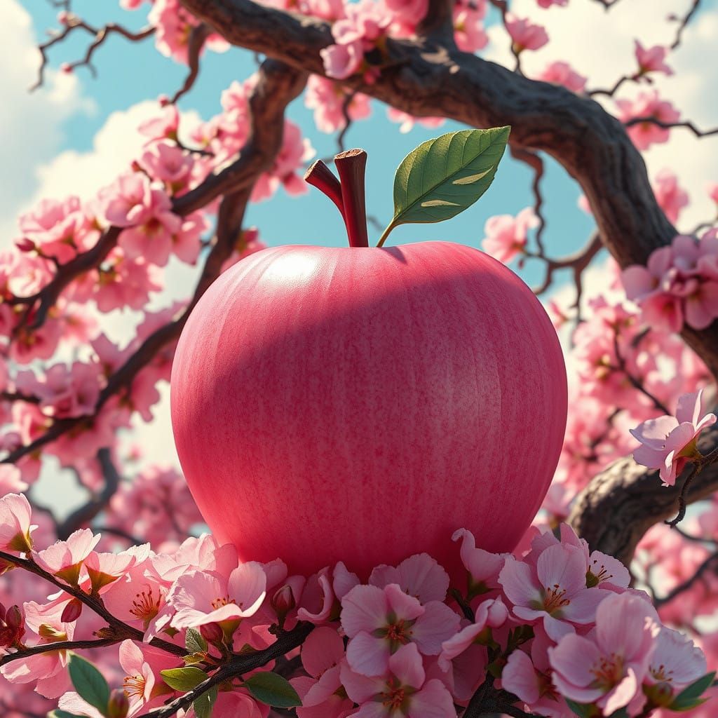 Fantastical Pink Apple in Cherry Blossom Landscape
