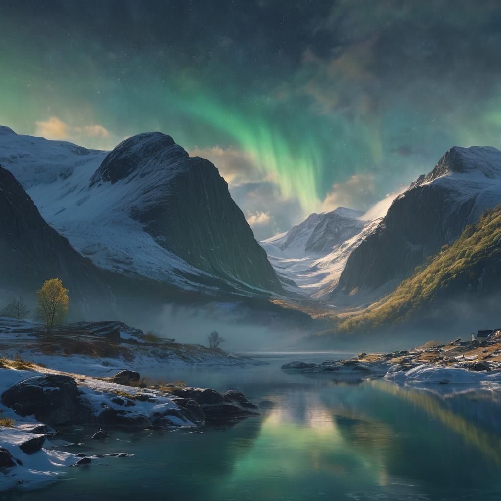 Mystical Aurora Borealis Over Nordfjord, Digital Painting