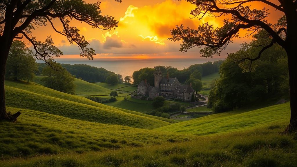 Medieval Village at Sunset, Digital Landscape Art