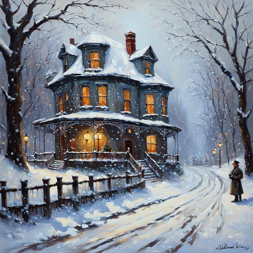 Snowy Crossroads With Old House, Oil Painting