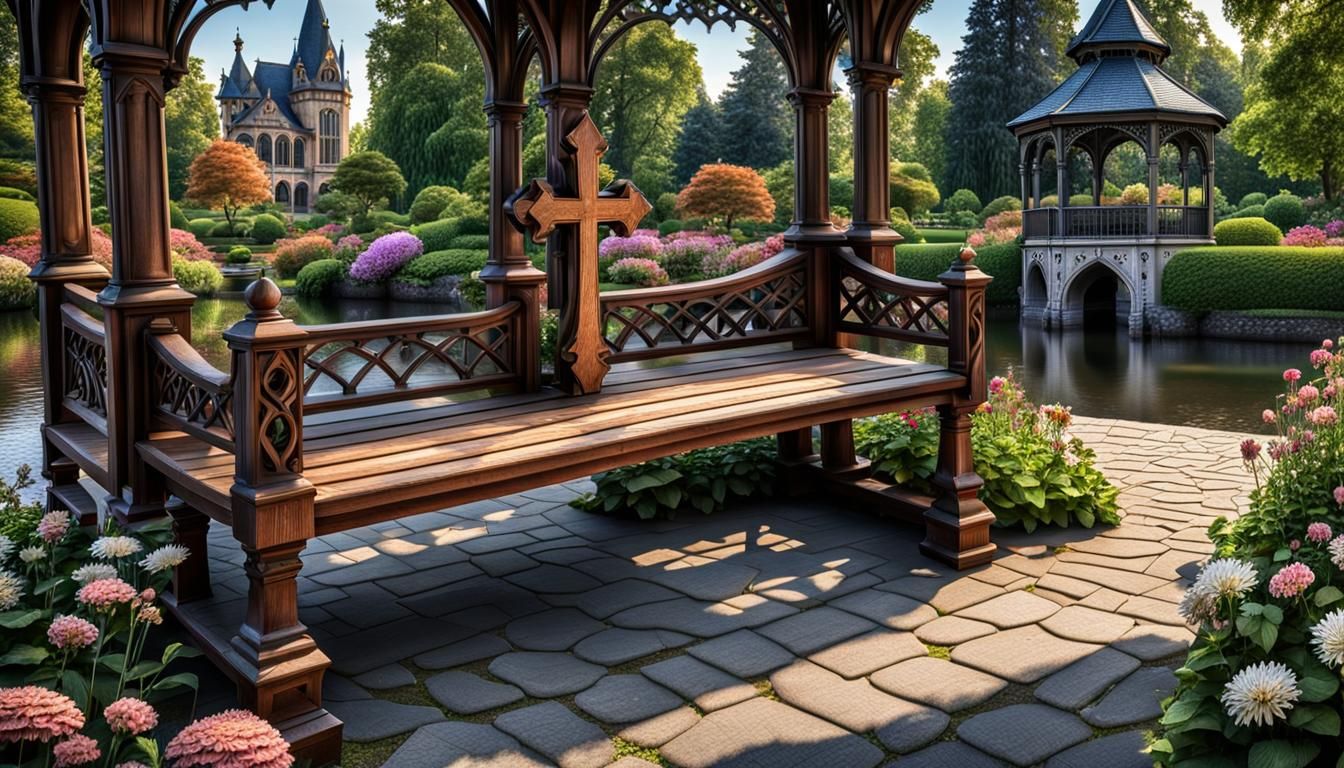 Gothic Mansion Garden with Gazebo and Bench