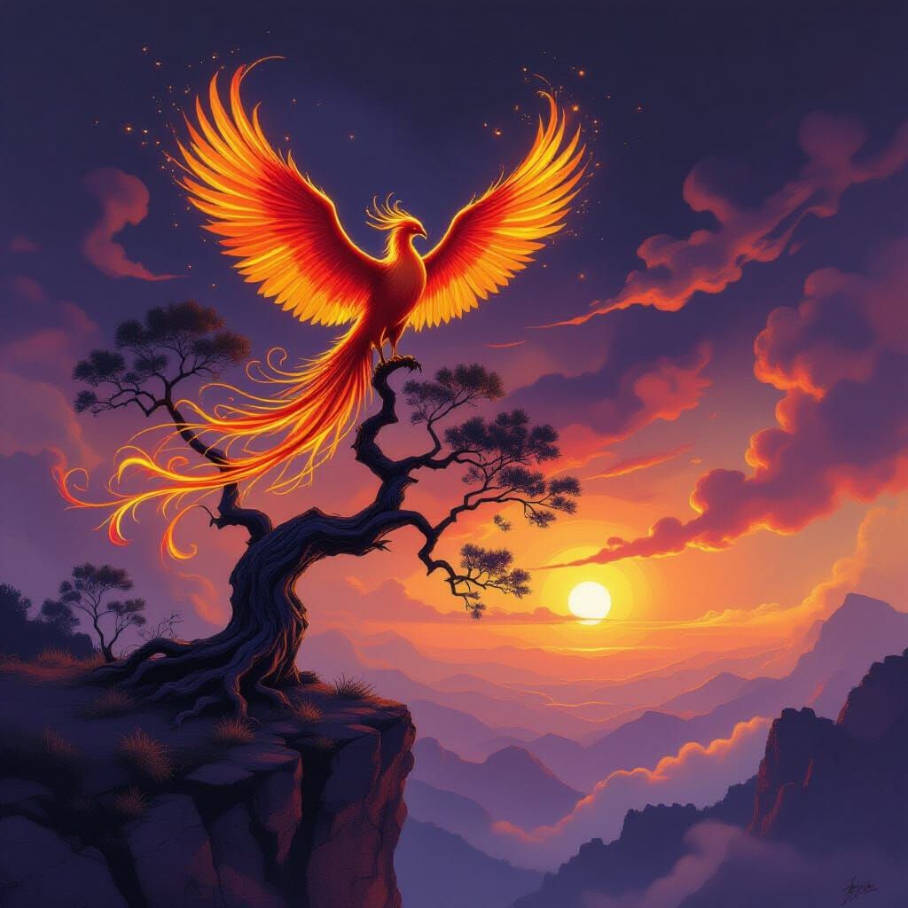 Phoenix Ablaze in Melancholic Twilight, Expressionist Style