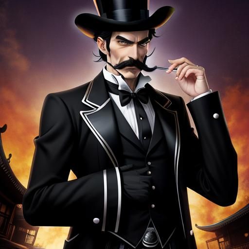 Cartoon Villain with Handlebar Mustache in Anime Style