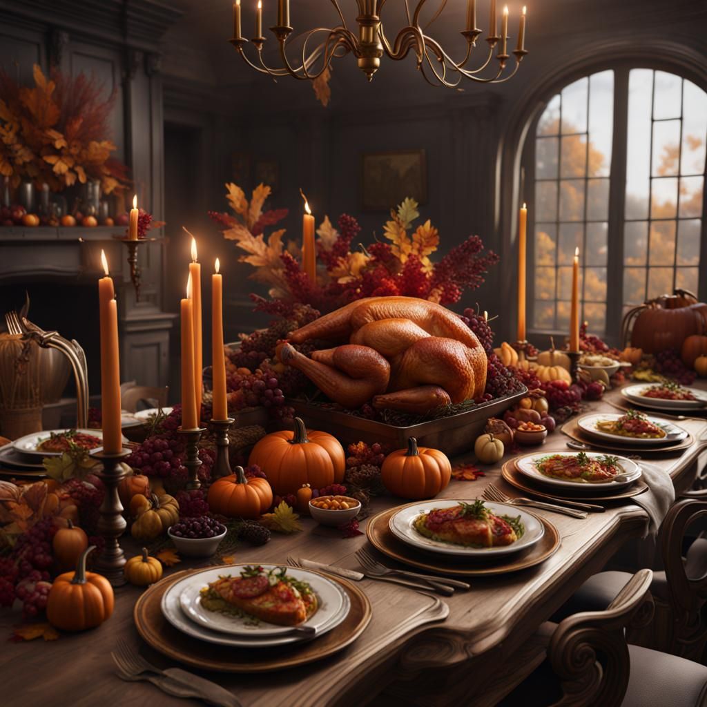 Fantastical Thanksgiving Tablescape in Detailed Matte Painti...