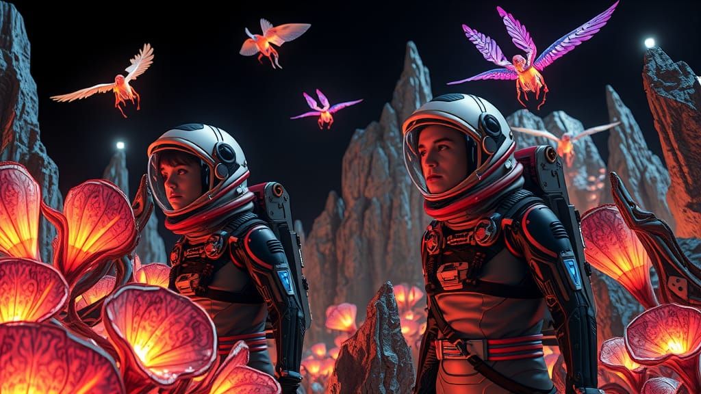 Explorers Discover Bioluminescent Alien Planet in Futuristic...