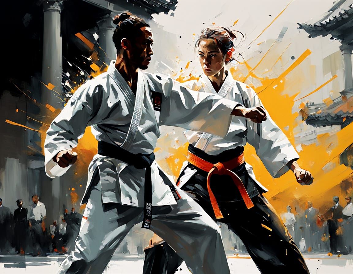 Dynamic Karate Demonstration in Vibrant Oil Painting