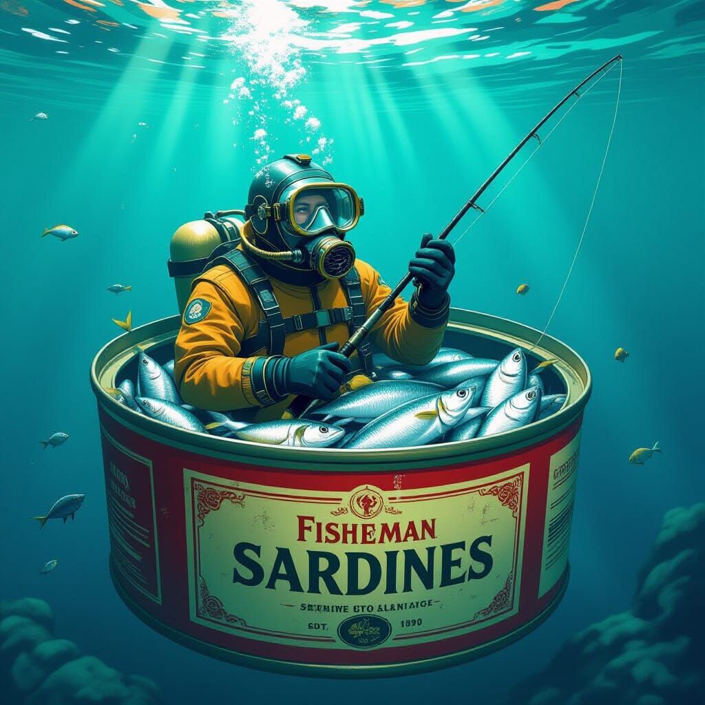 Fisherman in Sardine Can: Whimsical Digital Art