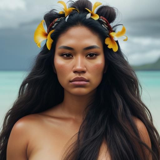 Polynesian Woman Portrait with Flower, Hyperrealistic Image