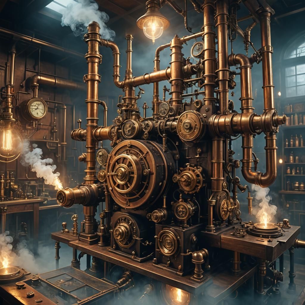 Steampunk Time Machine in Dimly Lit Laboratory