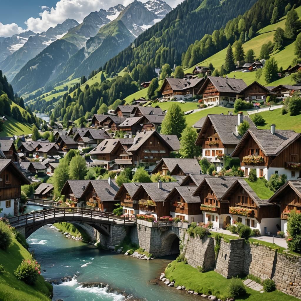 Picturesque Swiss Village in the Mountains