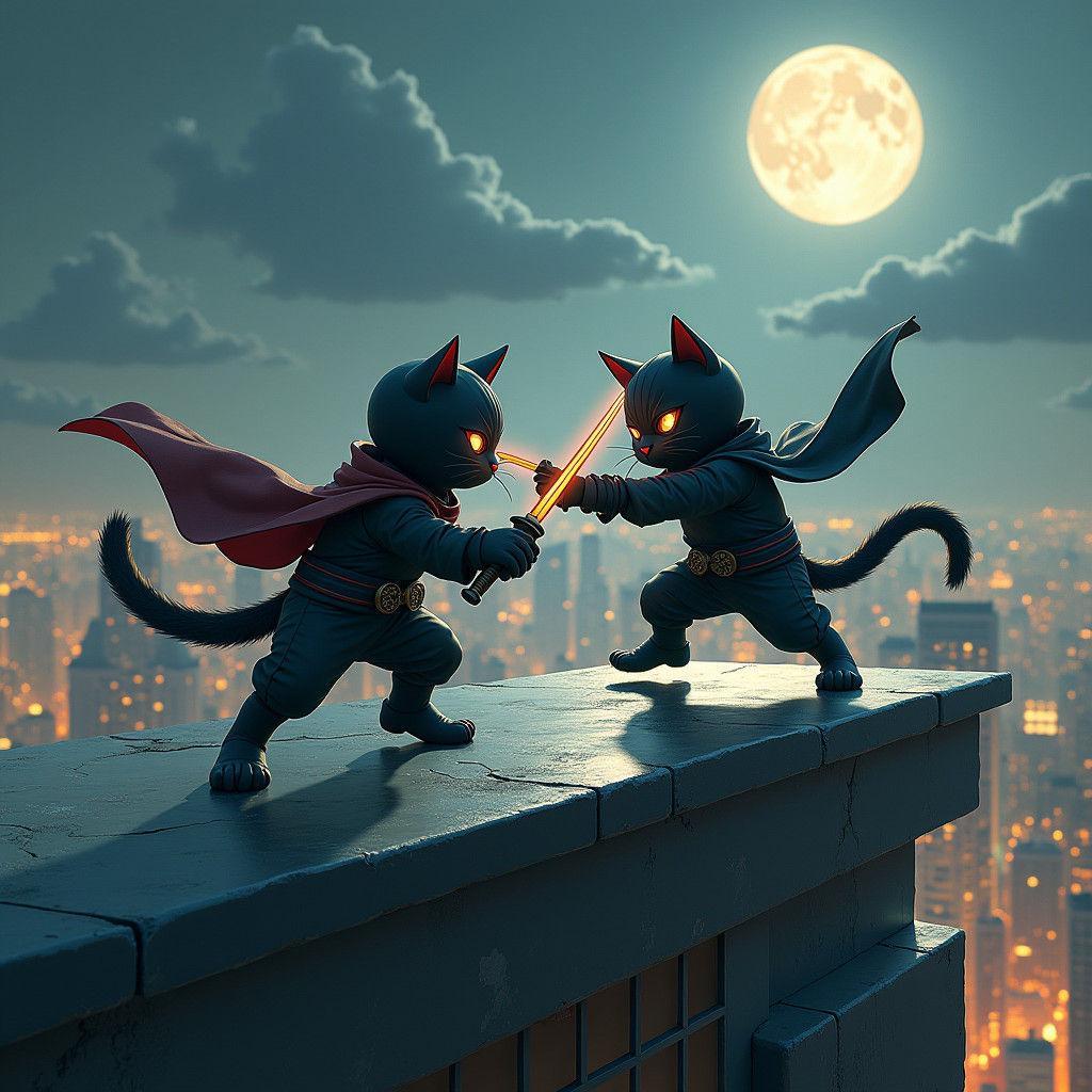 Ninja Cats Swordfight on Skyscraper Roof in Cyberpunk Style