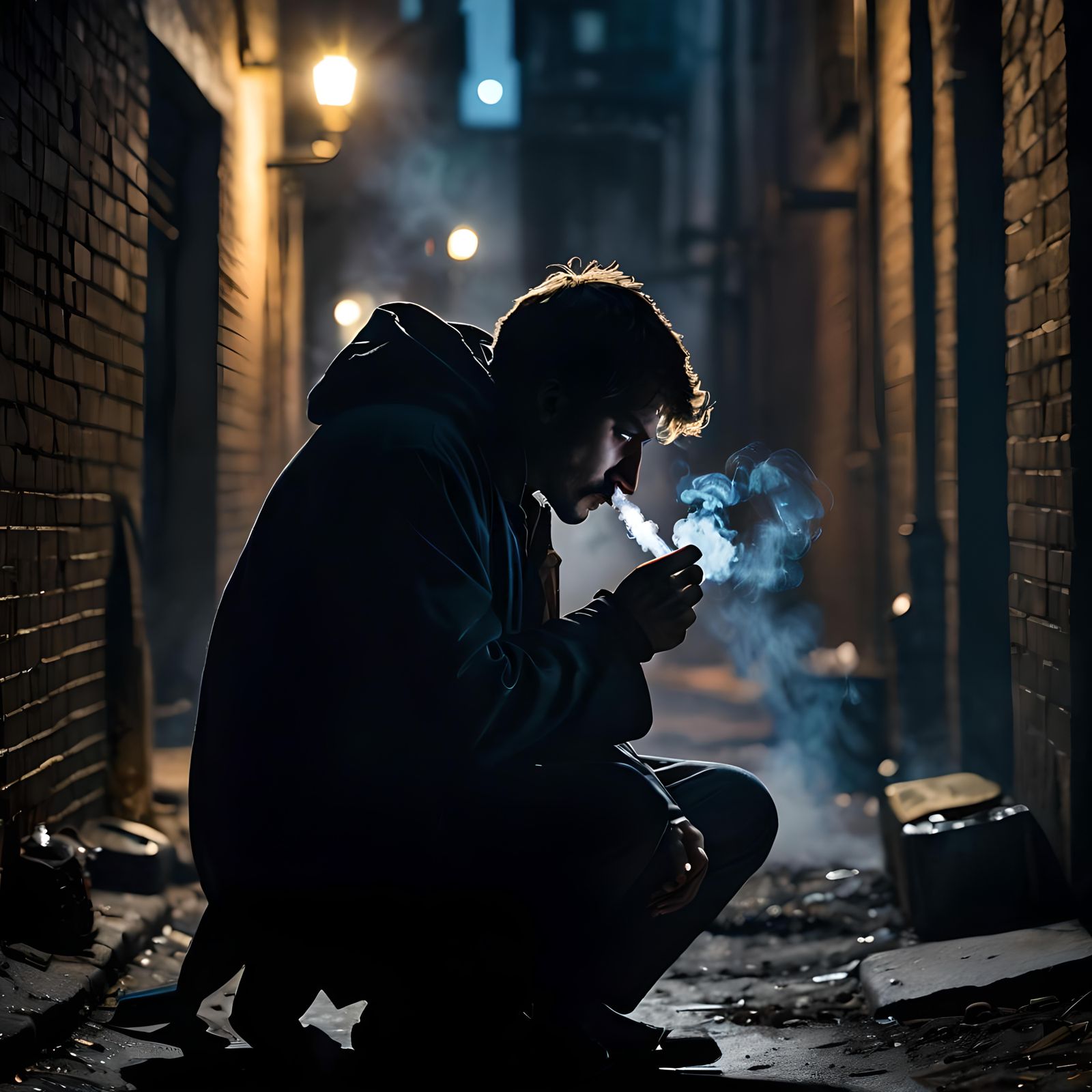 A shadowy figure hunched over, inhaling smoke from a crack pipe, surrounded by the dimly lit alley's destitute souls. Th...