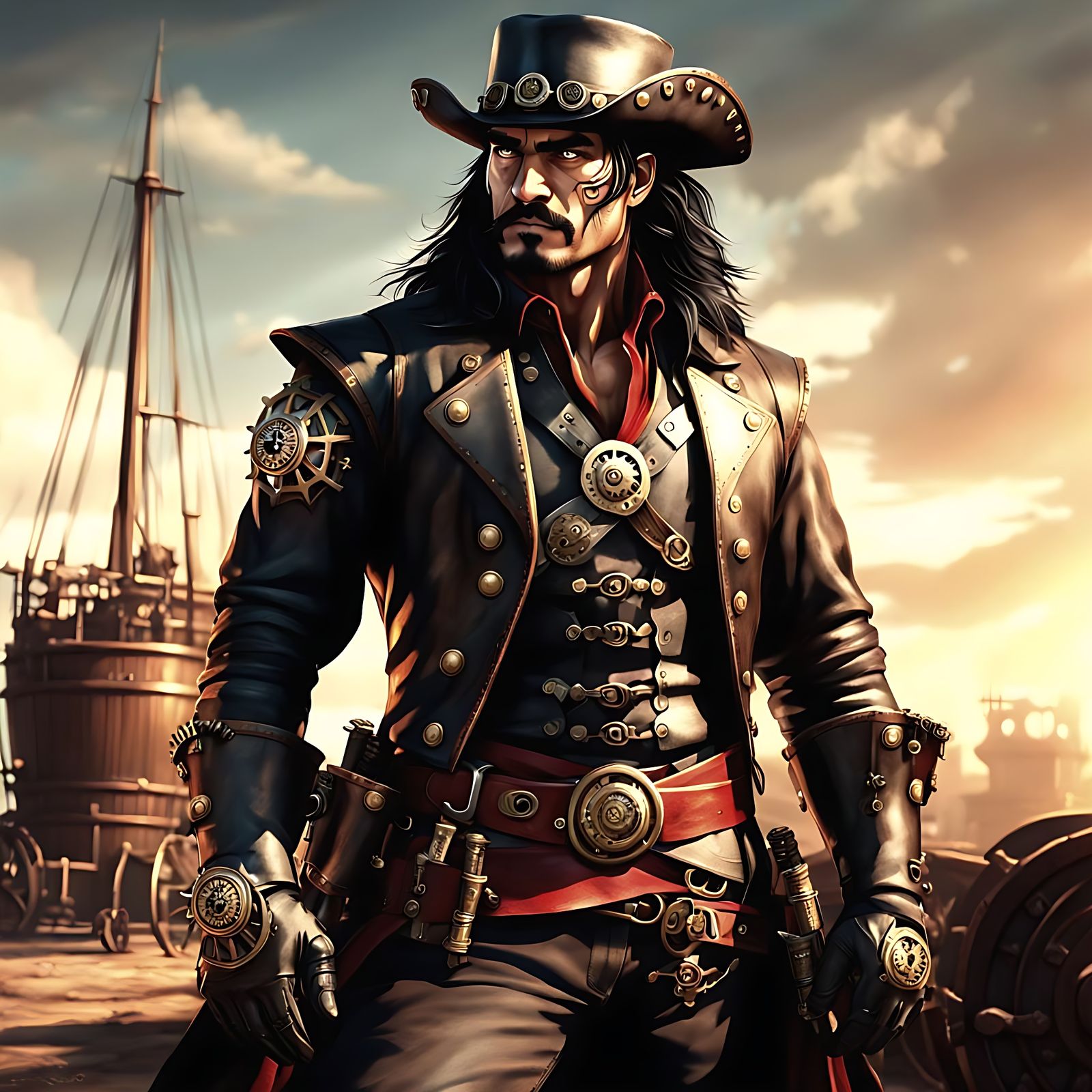 Steampunk Pirate Warrior in Intricate Leather Armor