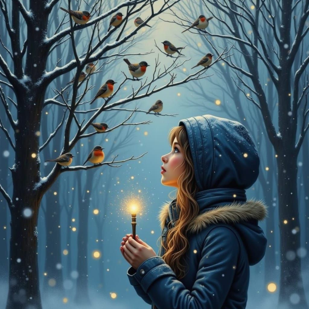 Girl in Winter Coat Gazes at Birds with Magic Wand