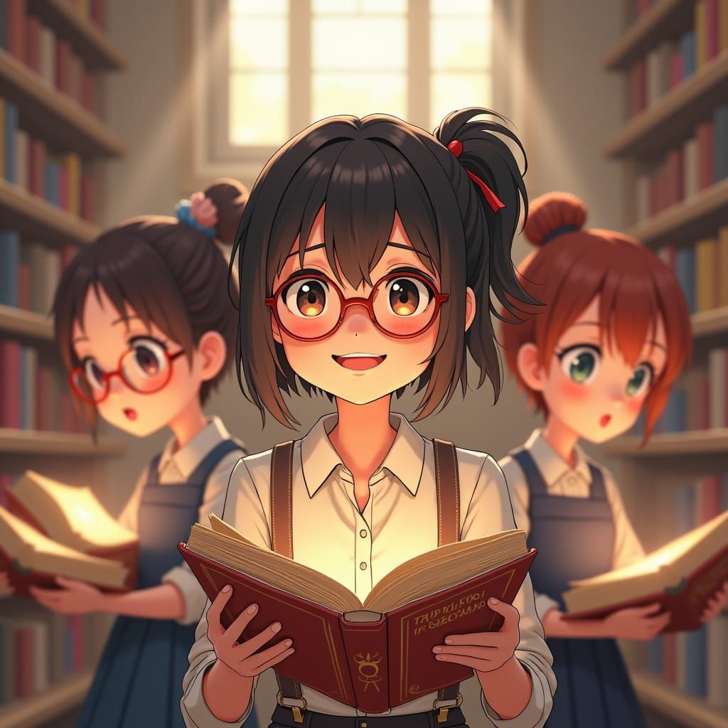 Girl Reading with Friends in Anime Style