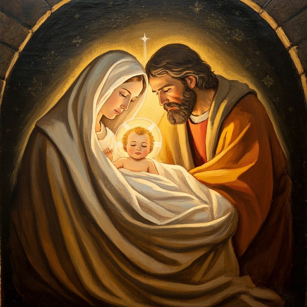 Scène de la Nativité: Marie, Joseph et l'enfant Jésus enveloppés dans des linges