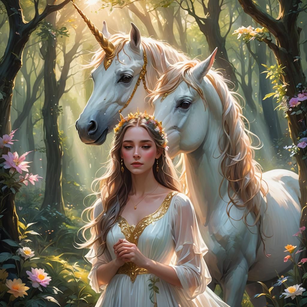 Enchanting Unicorn and Girl in Fantasy Forest