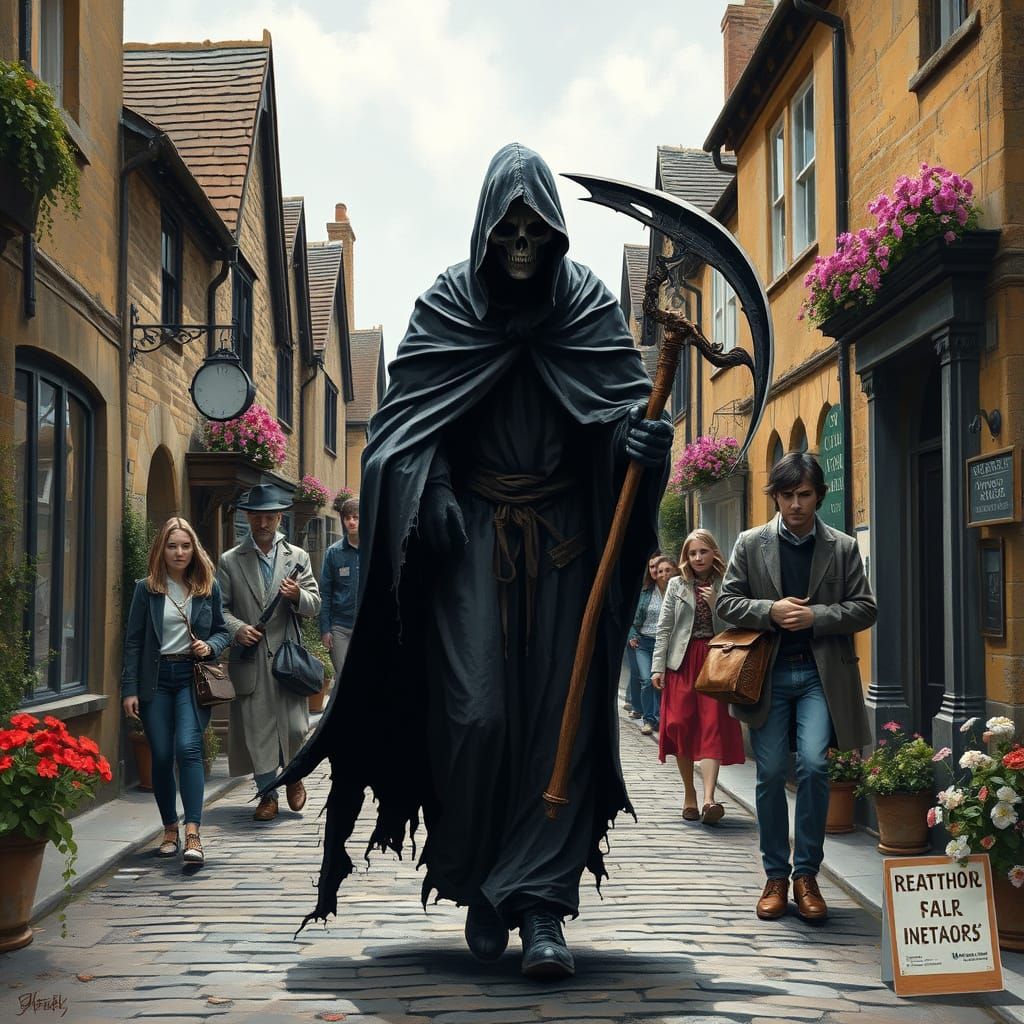 Grim Reaper Stands Out in Quaint Cotswolds Village