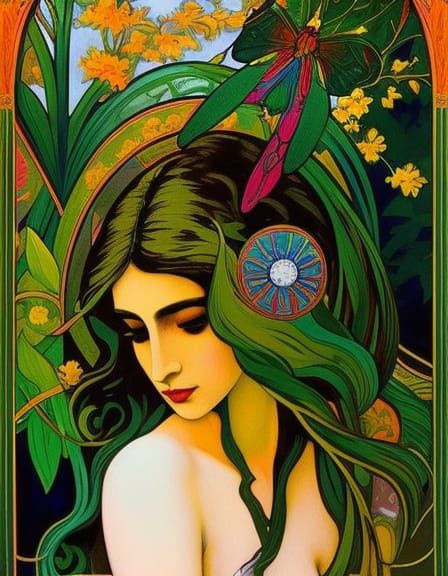 Art Nouveau Garden with Lady in Gouache Style