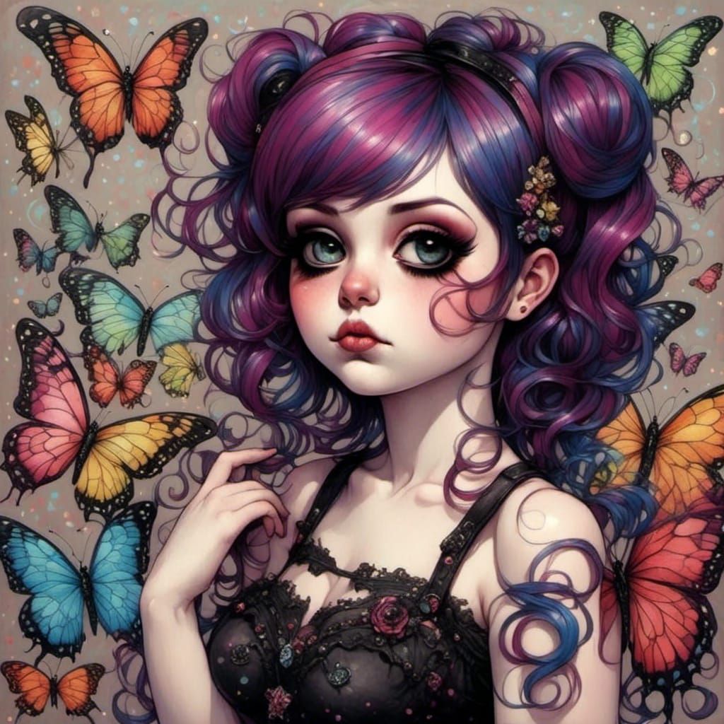 Goth Anime Fairy with Butterfly Wings