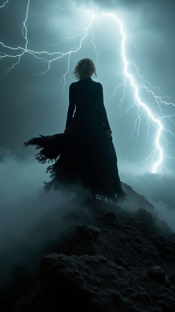 <lora:Lightnings:1.0> On a desolate peak, a woman villain stands shrouded in swirling mist, their emotions directly shap...