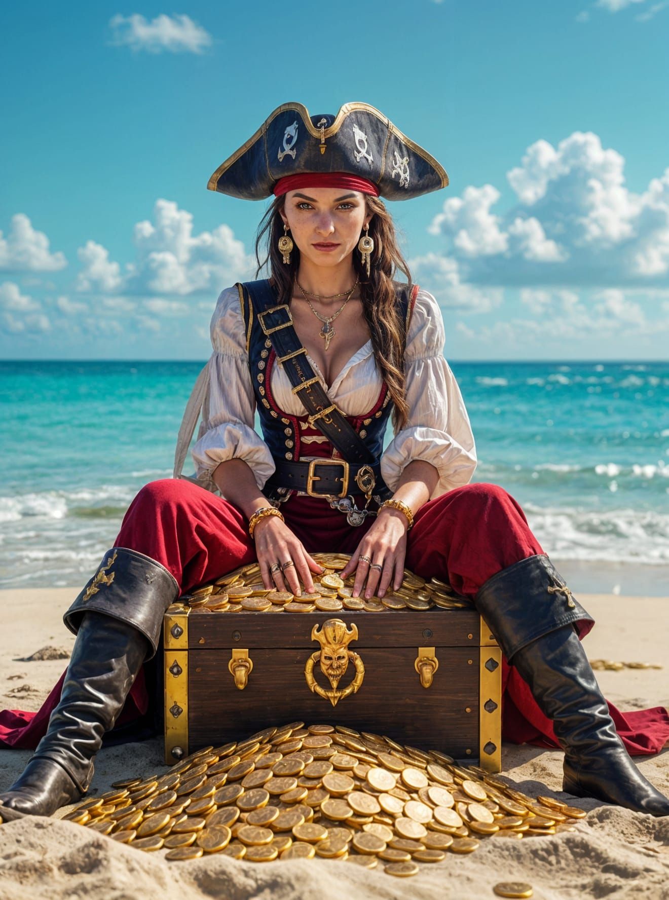 Evil Pirate Girl on Treasure Chest: Photorealistic
