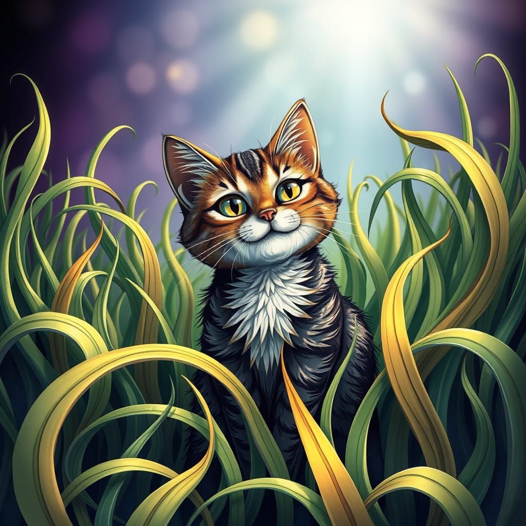 Whimsical Feline Amidst Wavy Grass in Cyberpunk Style