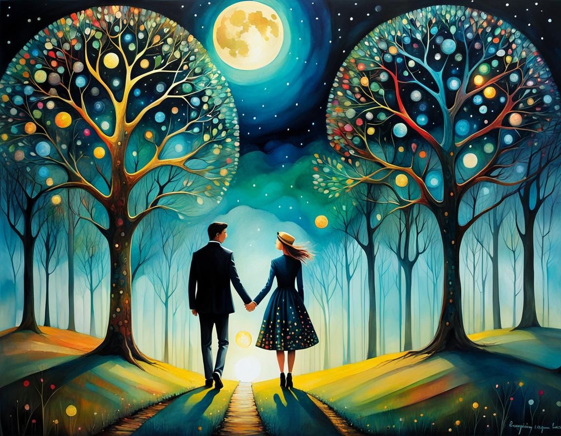 Magical Moonlit Embrace: Surreal Alcohol Ink Illustration